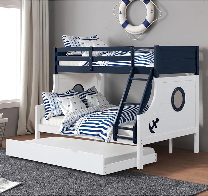 Furniture of America Kirsen Modern Solid Wood Twin Over Full Bunk Bed, No Box Spring Required, Boat Theme, for Kids, Boys, Girls, Bedroom, Dorm, Blue/White, with Trundle