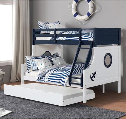 Furniture of America Kirsen Modern Solid Wood Twin Over Full Bunk Bed, No Box Spring Required, Boat Theme, for Kids, Boys, Girls, Bedroom, Dorm, Blue/White, with Trundle