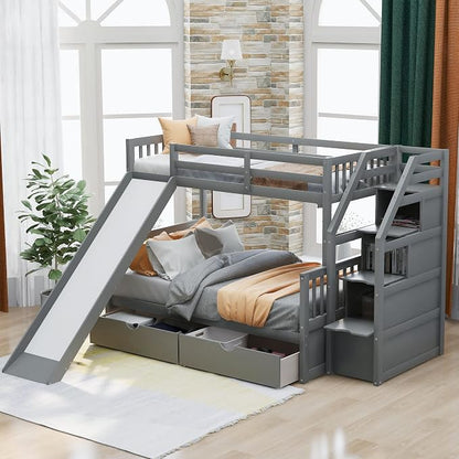 RUNNA Twin Over Full Bunk Bed with Slide,Storage Drawers,Play House,Grey | Twin over full bunk bed with slide,storage,ladder,play house design,solid wood frame,guardrails,no box spring needed,grey