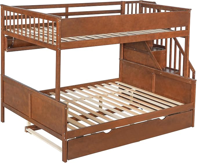 Modern Bunk Bed Full XL Over Queen Size with Storage Shelves and Staircase, Solid Wood Bunk Bed Frame with Trundle and LED Light for Kids Teens Adults (Walnut-3.9)