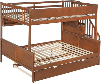 Modern Bunk Bed Full XL Over Queen Size with Storage Shelves and Staircase, Solid Wood Bunk Bed Frame with Trundle and LED Light for Kids Teens Adults (Walnut-3.9)