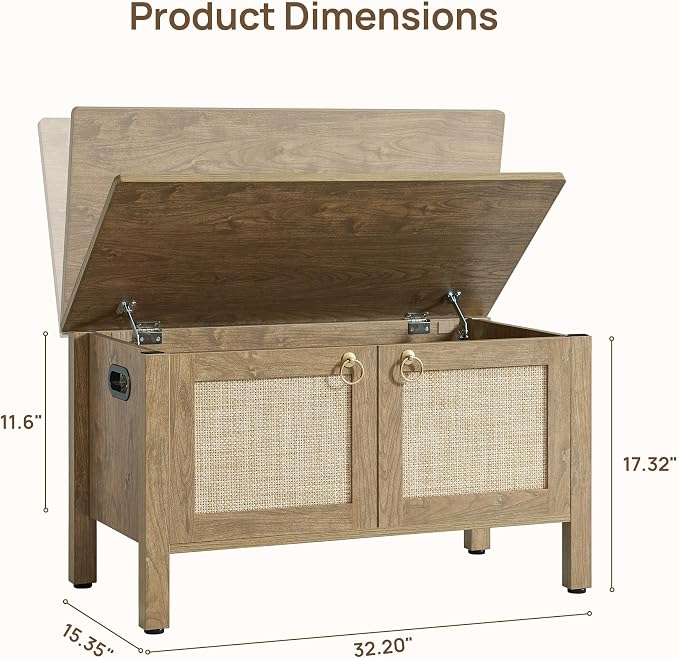 SICOTAS Rattan Storage Bench Boho Storage Chest with 2 Safety Hinges | Wood Storage Truck Box for Bedroom, Living Room, Entryway, Supports 220 lb