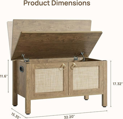 SICOTAS Rattan Storage Bench Boho Storage Chest with 2 Safety Hinges | Wood Storage Truck Box for Bedroom, Living Room, Entryway, Supports 220 lb