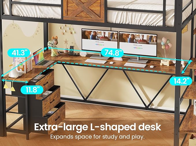 Itaar Stairway Twin Size Loft Bed with L Shaped Desk and Wardrobe, Metal Loft Bed Frame with Storage Stairs, 3 Fabric Drawers, LED Lights & Charging Sation (Rustic Brown, Twin)