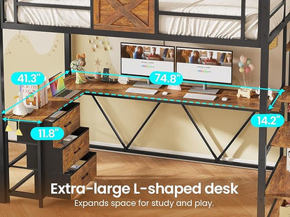 Itaar Stairway Twin Size Loft Bed with L Shaped Desk and Wardrobe, Metal Loft Bed Frame with Storage Stairs, 3 Fabric Drawers, LED Lights & Charging Sation (Rustic Brown, Twin)