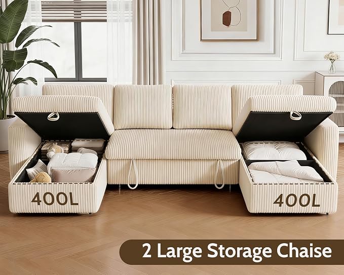 WEUP 106" U Shaped Sectional Sleeper Sofa Bed with Pull Out Bed, Sectional Sleeper Couch Pull Out Couch with Reclining Backrest/Reversible Storage Chaise/USB Ports/Tool-Free Assembly, Corduroy Beige