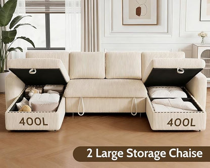 WEUP 106" U Shaped Sectional Sleeper Sofa Bed with Pull Out Bed, Sectional Sleeper Couch Pull Out Couch with Reclining Backrest/Reversible Storage Chaise/USB Ports/Tool-Free Assembly, Corduroy Beige