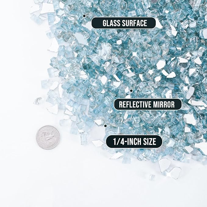 Skyflame 10-Pound Fire Glass for Fireplace Fire Pit and Landscaping, 1/4-Inch Aqua Blue Reflective