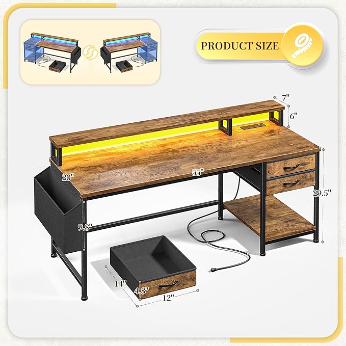 DurayLoly 55" Small Gaming Desk with Remote Control RGB Light for Teen Gamer,10m Full-Color Strip with Wireless Remote,20 Dynamic & 20 Lighting Modes, Effortless Control to Level Up Your Gaming Vibe