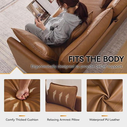 111'' Sectional Cloud Deep Seat Couch, Oversized Leather U Shaped Sectional Sofa for Living Room Set, Comfy Upholstered Modular 5-Seats Sectional Sofa Couch with 2 Movable Ottoman, Leather Light Brown