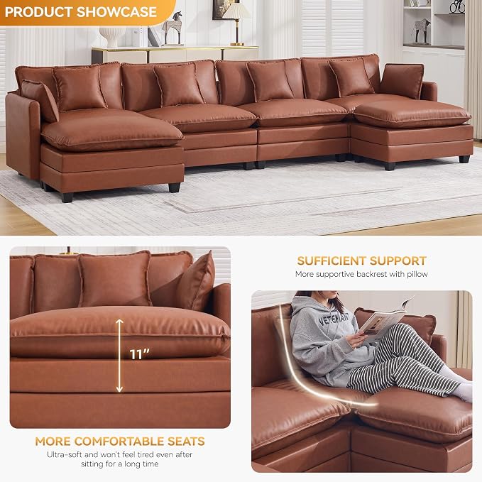 147'' Sectional Cloud Deep Seat Couch, Oversized Leather U Shaped Sectional Sofa for Living Room Set, Comfy Upholstered Modular Sectional Sofa Couch with Movable Ottoman, Leather Brown