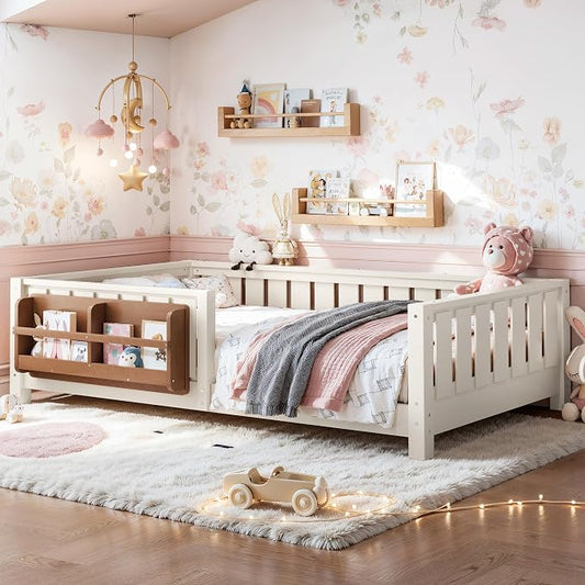 Bellemave Twin Size Montessori Floor Bed with Rails and Slats, Twin Size Floor Bed with Bookshelf and Fence, Low Profile Montessori Beds Frame for Girls, Boys, Beige
