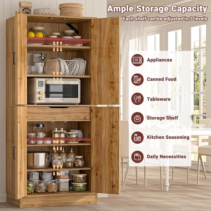 Unikito 71" Tall Kitchen Pantry Storage Cabinet with Farmhouse Barn Doors and Storage Drawer, 4 Adjustable Shelves, Freestanding Cupboard for Dining Room, Living Room, Utility Room, Natural