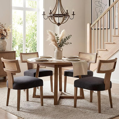 HNY Mid Century Modern Rattan Dining Chairs Set of 4, Farmhouse Linen Upholstered Accent Chair Curved Backrest Kitchen Chairs, with Hardwood Frame, Charcoal