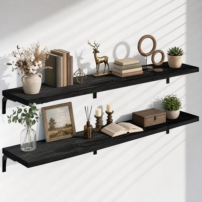 72 Inch Floating Shelves Set of 2, 12 Inch Deep Extra Long Black Solid Wood Wall Shelves with 120 lbs Capacity, 6ft Heavy Duty Farmhouse Wall Mounted Shelving for Living Room & Kitchen