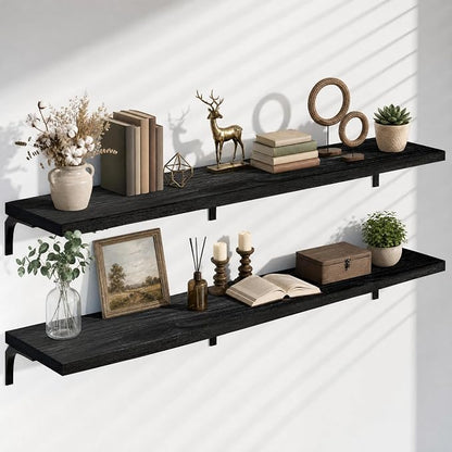 72 Inch Floating Shelves Set of 2, 12 Inch Deep Extra Long Black Solid Wood Wall Shelves with 120 lbs Capacity, 6ft Heavy Duty Farmhouse Wall Mounted Shelving for Living Room & Kitchen