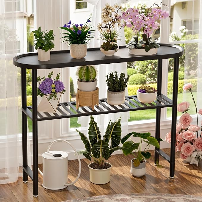 Black Entryway Table for Hallway Bamboo 39.4", Outdoor Console Table Oval Top, Sofa Table Behind Couch 2-tier, TV Stand Plant Stand with Anti-fall Edge, 5min Easy Assembly, 39.4"L x 11.8"W x 29.7"H
