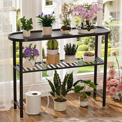 Black Entryway Table for Hallway Bamboo 39.4", Outdoor Console Table Oval Top, Sofa Table Behind Couch 2-tier, TV Stand Plant Stand with Anti-fall Edge, 5min Easy Assembly, 39.4"L x 11.8"W x 29.7"H