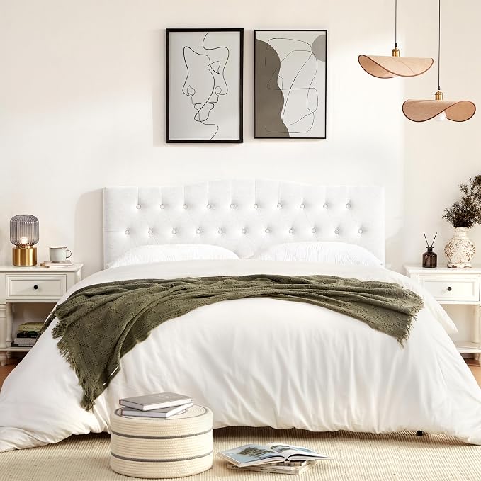Tufted Headboard King Size, Solid Wood Adjustable Height Head Board, White | Upholstered King Headboard Only with Durable Solid Wood Legs, Adjustable Height 37-51 in, Fabric Button Diamond HeadBoards