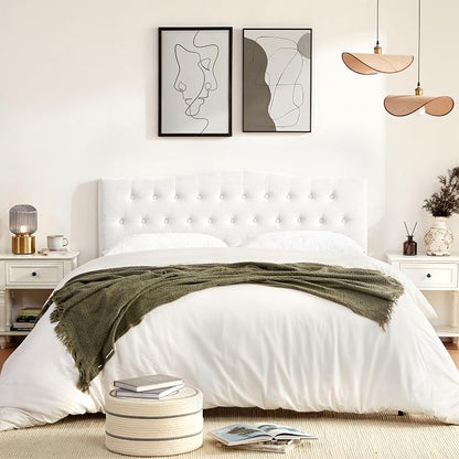Tufted Headboard Queen Size, Solid Wood Adjustable Height Head Board, White | Upholstered Queen Headboard Only with Durable Solid Wood Legs, Adjustable Height 37-51 in, Fabric Button Diamond HeadBoards
