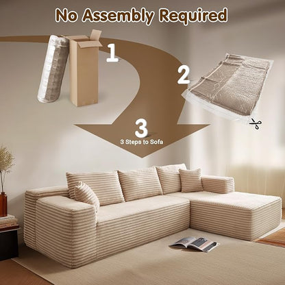 ovios 104" Cloud Boneless Couch with L-Shape Chaise,Modern Sectional Modular Sofa with Deep Seat, Upholstered Couches for Living Room Bedroom,No Assembly Required, Beige (Plush Corduroy Fabric)