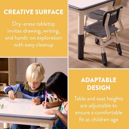 Back2School Express Dry-Erase Activity Table and Chairs Set for Toddlers, Adjustable Height Kids Desk, Preschool Learning Furniture, Grey, 3-Piece