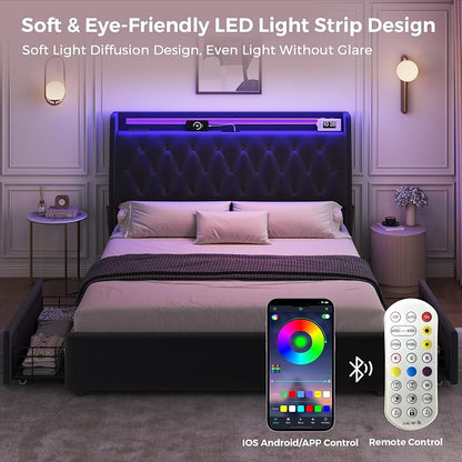 Full LED Velvet Bed Frame with 2 Storage Drawers&Hidden Headboard, Upholstered Platform Bed with Charging Station&Button Tufted Design, Wooden Slats Support, Box Spring Optional, Easy Assembly, Black
