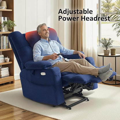 MCombo Big Man Power Lay Flat Lift Chair, Triple Motor Power Lift Recliner with Massage & Dual Heating, Adjustable Headrest, Fabric R7524 (Navy Blue, Medium-Wide)