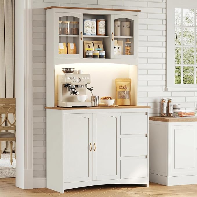 Garvee 71" Kitchen Pantry Cabinet with LED Lights & Charging Station, Farmhouse Kitchen Hutch Storage Cabinet with Countertop, 3 Drawers, 4 Doors, Adjustable Shelves for Dining Room, White