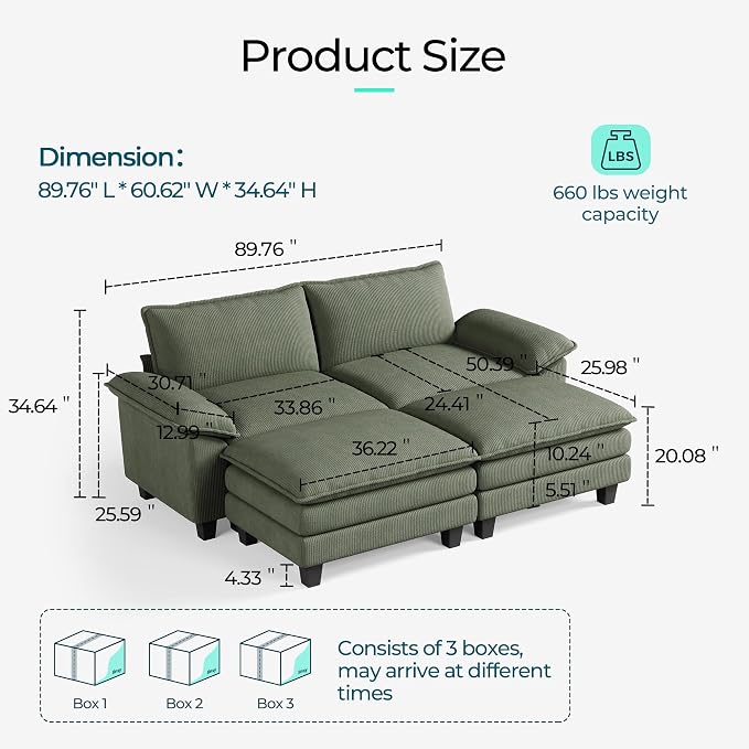 LINSY HOME 90'' Modular Sectional Sofa 2 Seat Couch Corduroy Cloud Couch with Deep Seat, Modern Cloud Couch with 2 Movable Ottoman for Living Room, Office, Bedroom, Green