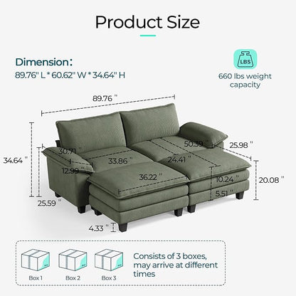 LINSY HOME 90'' Modular Sectional Sofa 2 Seat Couch Corduroy Cloud Couch with Deep Seat, Modern Cloud Couch with 2 Movable Ottoman for Living Room, Office, Bedroom, Green