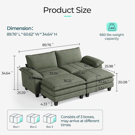 LINSY HOME 90'' Modular Sectional Sofa 2 Seat Couch Corduroy Cloud Couch with Deep Seat, Modern Cloud Couch with 2 Movable Ottoman for Living Room, Office, Bedroom, Green