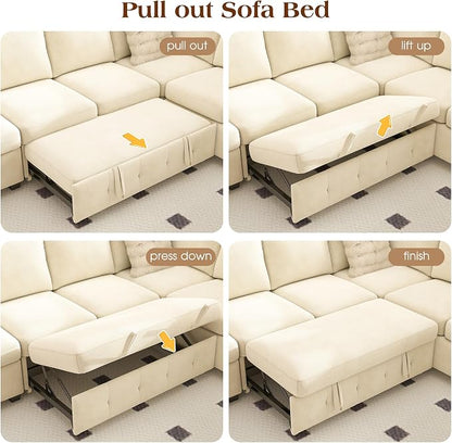 Ihanherry Large U-Shaped Sectional Sofa Bed, 8-Seater Convertible Sleeper with Storage Ottoman & 6 Pillows, USB Charging Ports, Premium Chenille Fabric for Big Living Room, Family Theater（Beige）