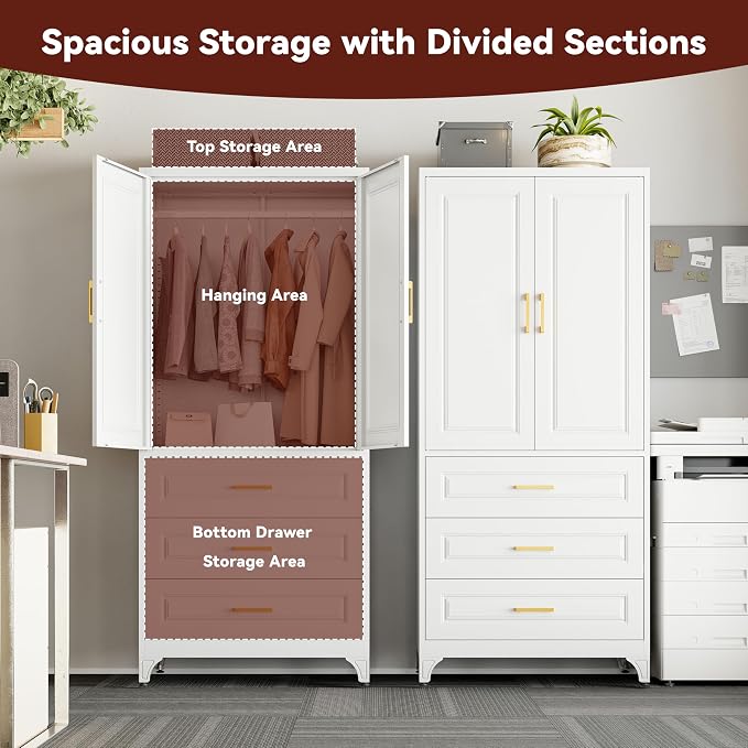 Metal Armoire Wardrobe Closet with Hanging Rod, 71" Tall Wardrobe Cabinet with Doors and 3 Drawers, Clothing Storage Cabinets for Bedroom