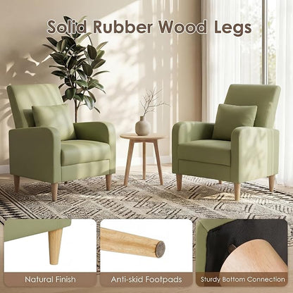COLAMY Mid-Century Modern Upholstered Accent Chair with Back Pillow & Solid Wood Legs, Leather Cozy Armchair for Living Room, Bedroom, Reading Nook, Apartment & Small Spaces, Green