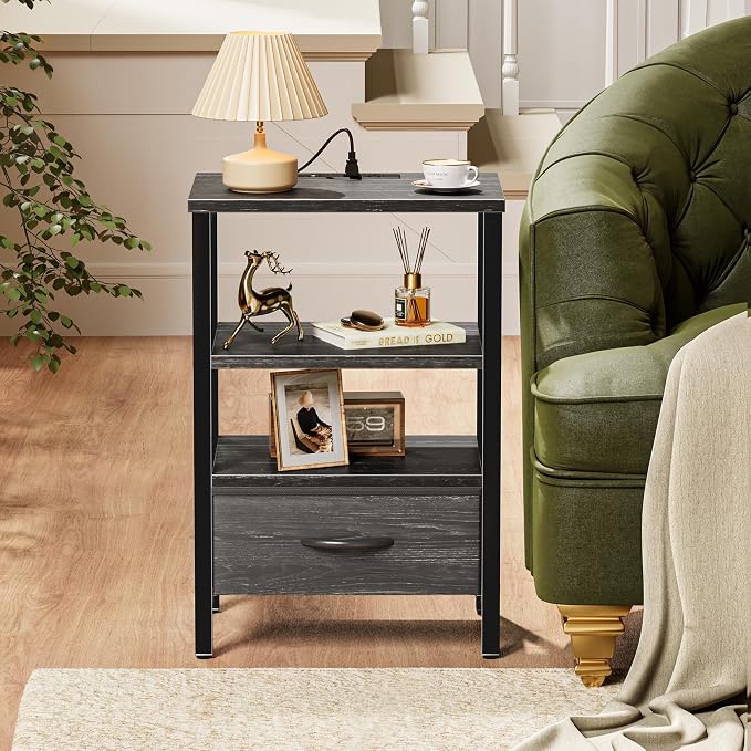 SUPERJARE Nightstand with Charging Station, Bed Side Table with Adjustable Fabric Drawer, Night Stand for Bedroom, 3-Tier Storage End Table, for Living Room, Charcoal Black Wood Grain Print