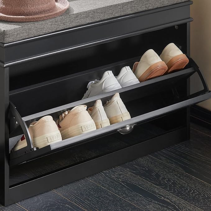 SoBuy Small Shoe Storage Bench, Black Narrow Shoe Cabinet for Entryway, Shoe Rack with Cushion&2 Tiers Flip-Drawer, Closet Hallway Mudroom FSR82-L-SCH