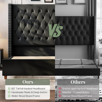 Jocisland Queen Bed Frame 61.4" Tall Headboard Velvet upholstered,Black | Full Back Support Wingback Headboard,Deep Button Tufted Hand-crafted Pleats,Squeak-Free Sleep,Solid Wood Legs,Easy Assembly