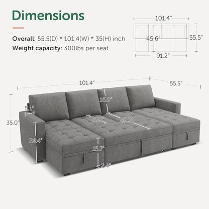 HONBAY Modular Sectional Sleeper Sofa with Pull Out Bed,U Shaped Couch with Storage Seat,Sectional Couches for Living Room,Warm Grey