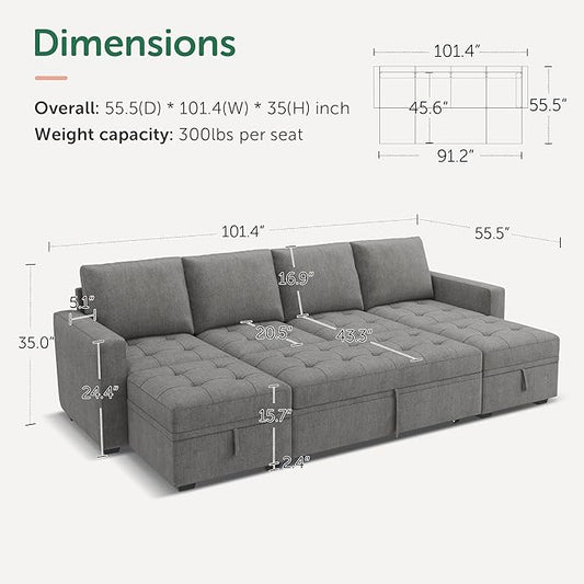 HONBAY Modular Sectional Sleeper Sofa with Pull Out Bed,U Shaped Couch with Storage Seat,Sectional Couches for Living Room,Warm Grey