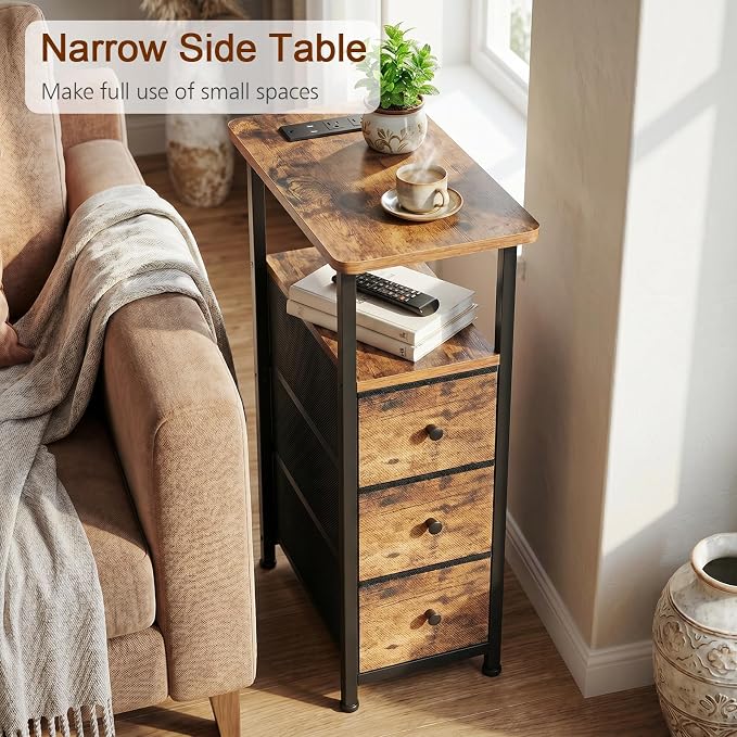 LOAKEKEL Narrow End Tables Living Room Set of 2 with Charging Station, Skinny Side Table with Fabric Drawers, Slim Nightstand for Bedroom, Small Spaces, Couch, Brown, HETNDP03BR