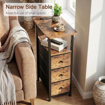 LOAKEKEL Narrow End Tables Living Room Set of 2 with Charging Station, Skinny Side Table with Fabric Drawers, Slim Nightstand for Bedroom, Small Spaces, Couch, Brown, HETNDP03BR