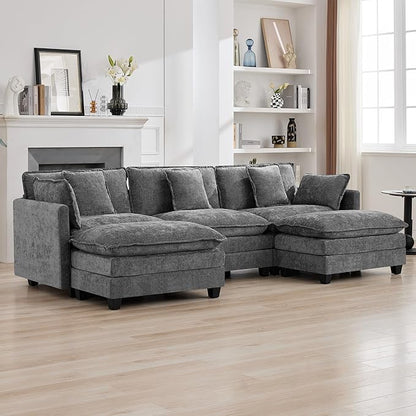 111'' Sectional Cloud Deep Seat Couch, Oversized Chenille U Shaped Sectional Sofa for Living Room Set, Comfy Upholstered Modular 3-Seats Sectional Sofa Couch with 2 Movable Ottoman, Grey