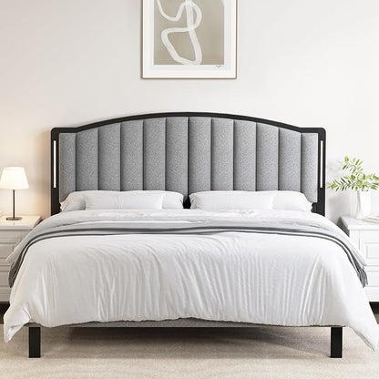 Headboard for King Size Bed with LED Lights, Upholstered Vertical Channel Tufting Head Boards, Linen Fabric Bed Headboard Only, Study & Comfortable, Ideal for Bedroom, Dorm, Guest Room, Grey