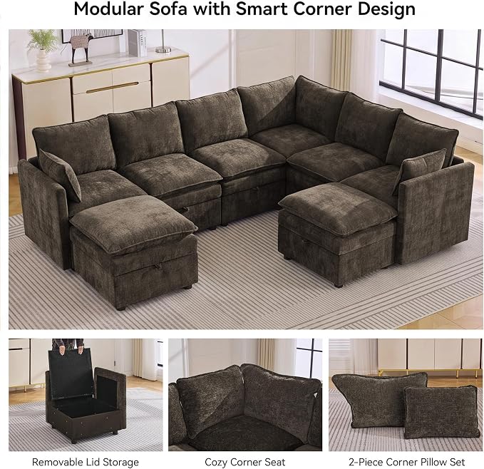 105" Brown Modular Storage Sofa, U Shaped Chenille Couch with 2 Ottomans | Oversized Convertible Sectional Sofa, 6-Seat Sectional Couch With 2 Ottomans, Large Cloud Couch For Living Room, Apartment.