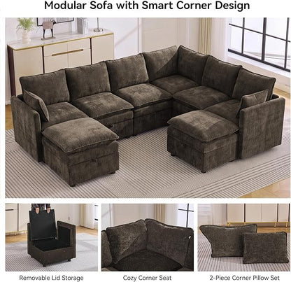105" Brown Modular Storage Sofa, U Shaped Chenille Couch with 2 Ottomans | Oversized Convertible Sectional Sofa, 6-Seat Sectional Couch With 2 Ottomans, Large Cloud Couch For Living Room, Apartment.