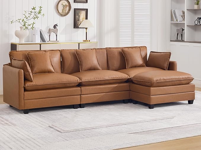111'' Sectional Cloud Deep Seat Couch, Modern Comfy Leather L Shaped Sectional Sofa for Living Room Set, Upholstered Modular 4-Seats Sofa Couch with 1 Movable Ottoman, Leather Light Brown