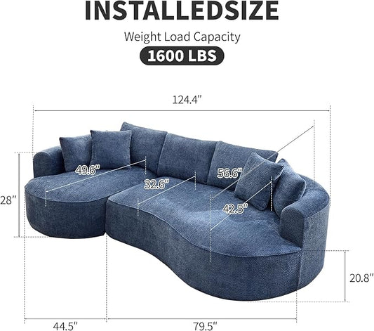 Opiesit 124" Oversized Boneless Couches for Living Room, Sectional Curved Sofa with 7 Pillows, L-Shape Boneless Couch with Deep Seat, High-Density Memory Foam, No Assembly Required, Chenille (Blue)