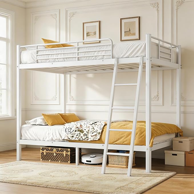 Bunk Bed Twin Over Twin, More Sturdy Heavy Duty Metal Bunk Bed with Angled Ladder for Teens and Adults, Used for Spaces-Saving, Apartment or Dorm, Noise Free & Easy Assembly, White