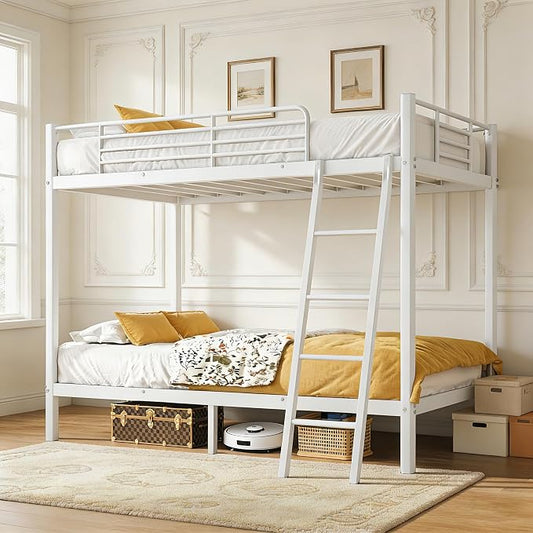 Bunk Bed Twin Over Twin, More Sturdy Heavy Duty Metal Bunk Bed with Angled Ladder for Teens and Adults, Used for Spaces-Saving, Apartment or Dorm, Noise Free & Easy Assembly, White